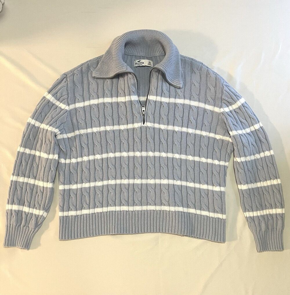Hollister Cropped Cable Knit Sweater XS Blue Stripe 1/4 Zip Preppy Coastal Chic